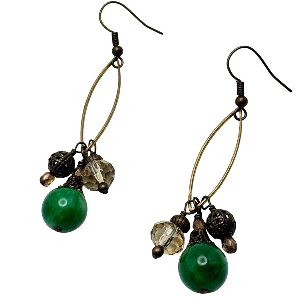 Handmade Green Gemstone & Bronze Dangle Earrings With Crystal Beads